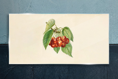 Glasbild Rote Kirschen auf pastellfarbenem Hintergrund