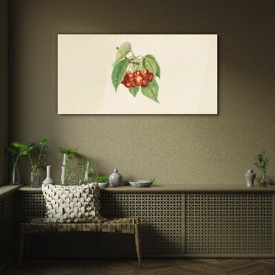 Glasbild Rote Kirschen auf pastellfarbenem Hintergrund