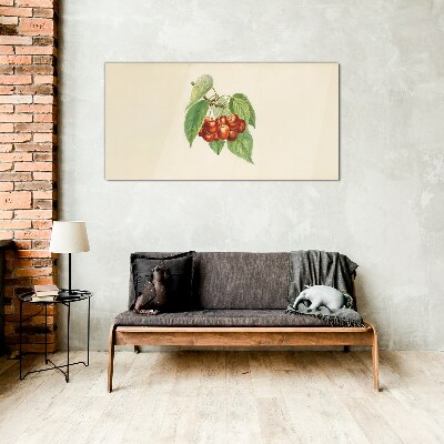 Glasbild Rote Kirschen auf pastellfarbenem Hintergrund