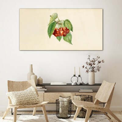 Glasbild Rote Kirschen auf pastellfarbenem Hintergrund