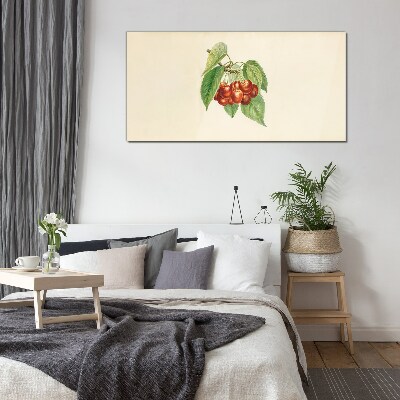 Glasbild Rote Kirschen auf pastellfarbenem Hintergrund