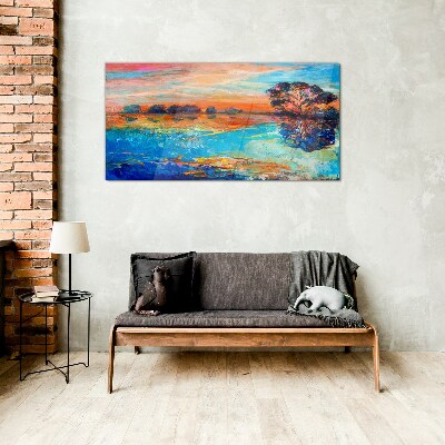Glasbild Sonnenuntergang über dem See