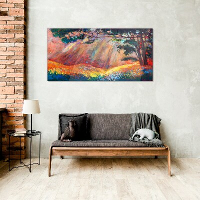 Glasbild Goldene Strahlen in der Sommerlandschaft