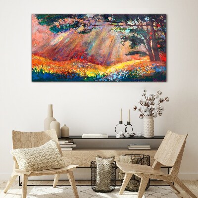 Glasbild Goldene Strahlen in der Sommerlandschaft