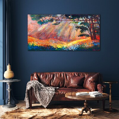 Glasbild Goldene Strahlen in der Sommerlandschaft