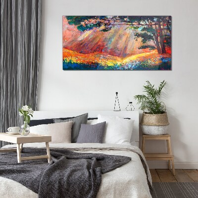 Glasbild Goldene Strahlen in der Sommerlandschaft