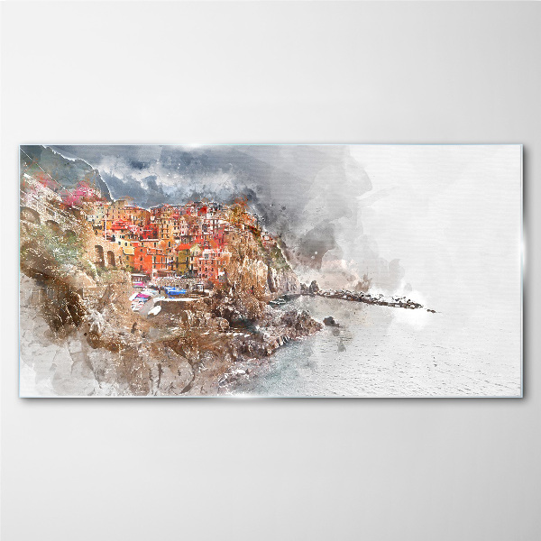 Glasbild Eine farbenfrohe Stadt am Meer