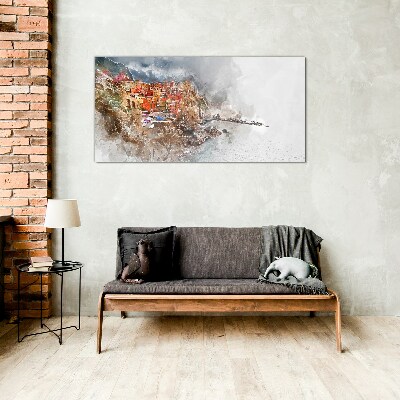 Glasbild Eine farbenfrohe Stadt am Meer