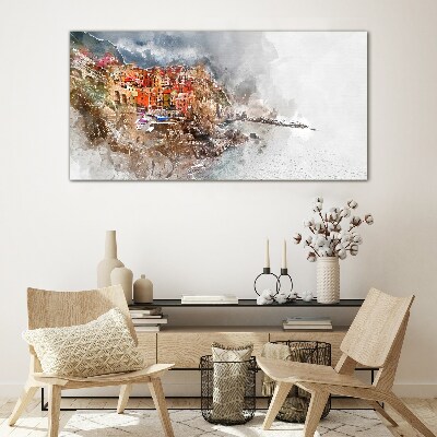 Glasbild Eine farbenfrohe Stadt am Meer