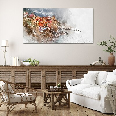 Glasbild Eine farbenfrohe Stadt am Meer