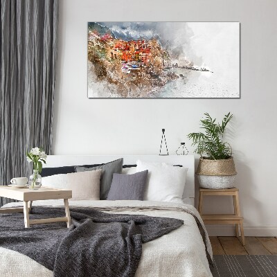 Glasbild Eine farbenfrohe Stadt am Meer