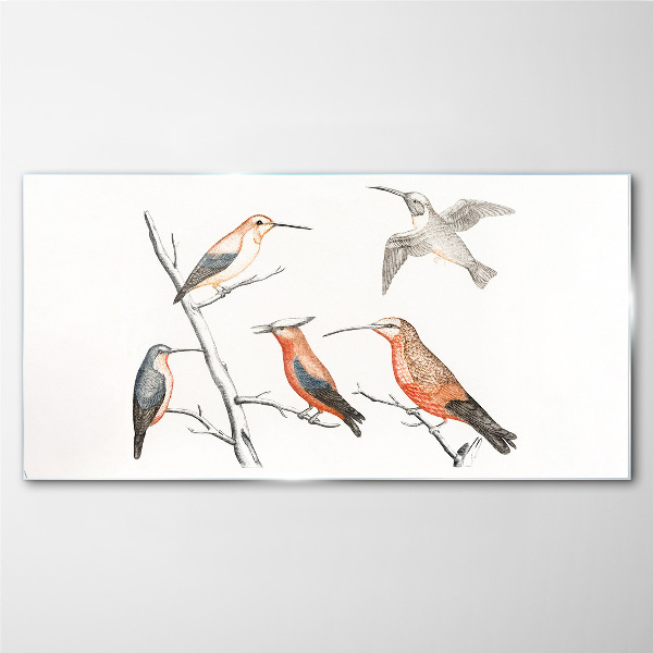 Glasbild Bunte Vögel auf einem Ast