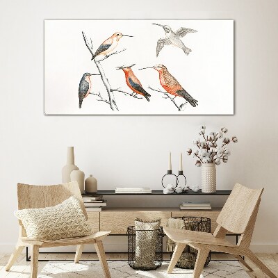 Glasbild Bunte Vögel auf einem Ast