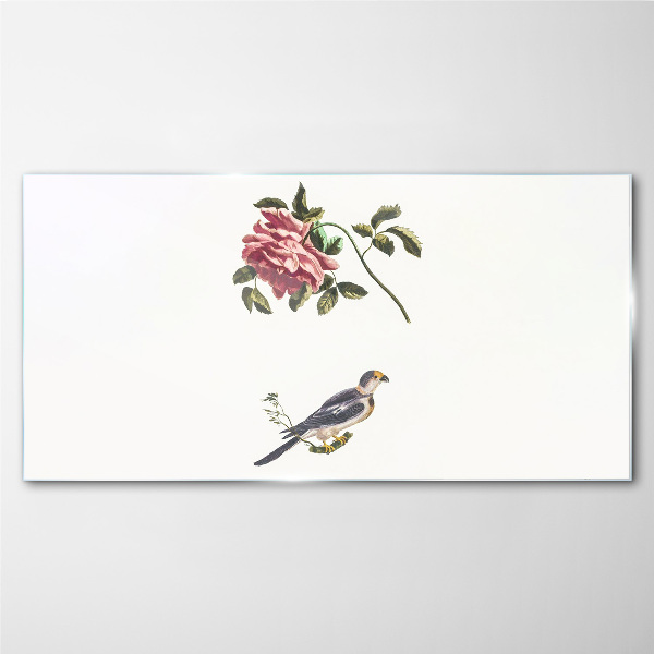Glasbild Rose und Vogel auf weißem Hintergrund