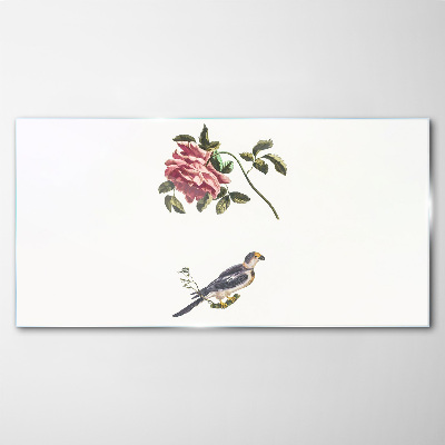 Glasbild Rose und Vogel auf weißem Hintergrund