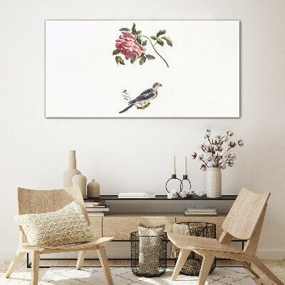 Glasbild Rose und Vogel auf weißem Hintergrund
