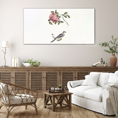 Glasbild Rose und Vogel auf weißem Hintergrund