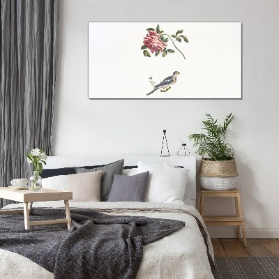 Glasbild Rose und Vogel auf weißem Hintergrund