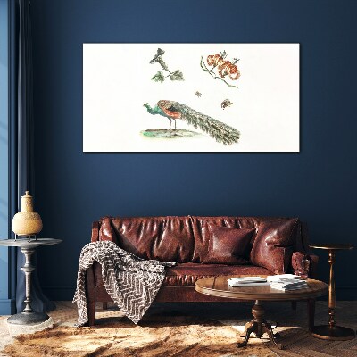 Glasbild Pfau zwischen Blumen und Insekten