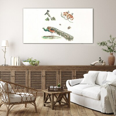 Glasbild Pfau zwischen Blumen und Insekten