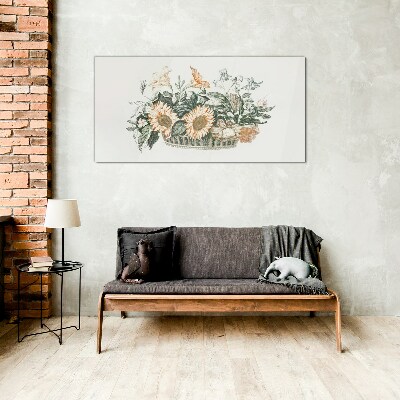 Glasbild Blumenstrauß in einem Korb