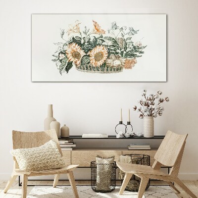 Glasbild Blumenstrauß in einem Korb