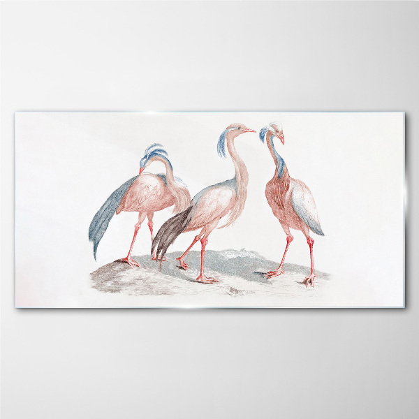 Glasbild Drei rosa Flamingos auf weißem Hintergrund