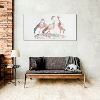 Glasbild Drei rosa Flamingos auf weißem Hintergrund