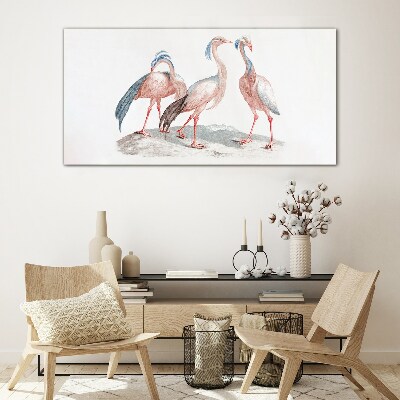 Glasbild Drei rosa Flamingos auf weißem Hintergrund