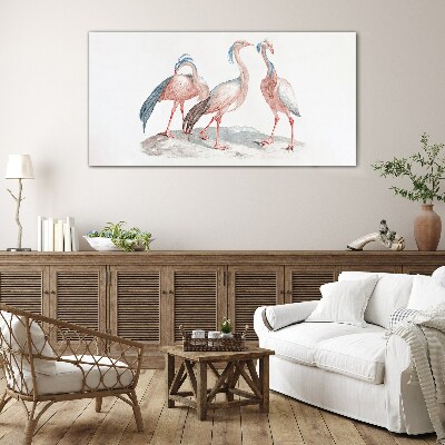 Glasbild Drei rosa Flamingos auf weißem Hintergrund