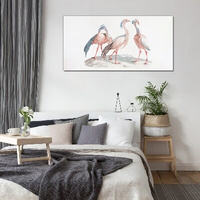 Glasbild Drei rosa Flamingos auf weißem Hintergrund