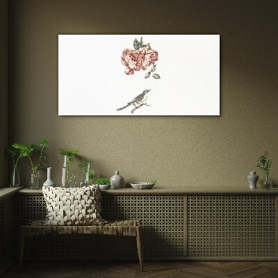 Glasbild Vogel und Rosen in Harmonie