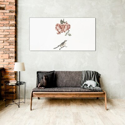 Glasbild Vogel und Rosen in Harmonie
