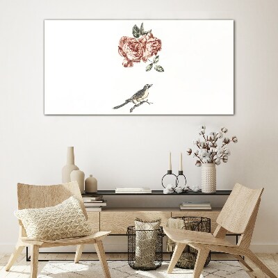 Glasbild Vogel und Rosen in Harmonie