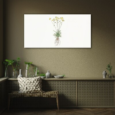 Glasbild Goldene Blumen mit Wurzeln