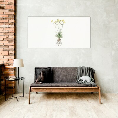 Glasbild Goldene Blumen mit Wurzeln