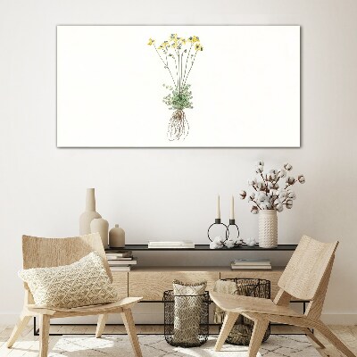 Glasbild Goldene Blumen mit Wurzeln