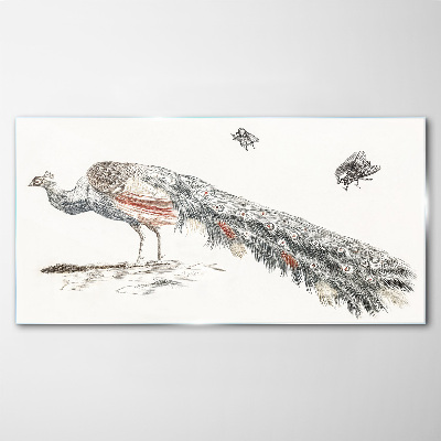 Glasbild Pfau mit Fliegen