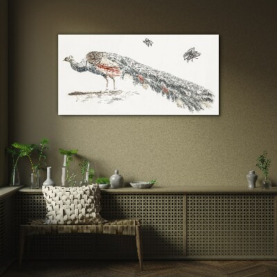 Glasbild Pfau mit Fliegen