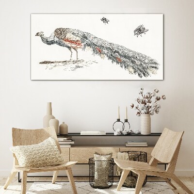 Glasbild Pfau mit Fliegen