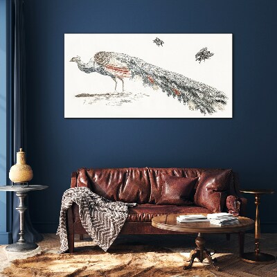 Glasbild Pfau mit Fliegen