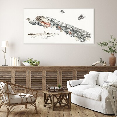 Glasbild Pfau mit Fliegen