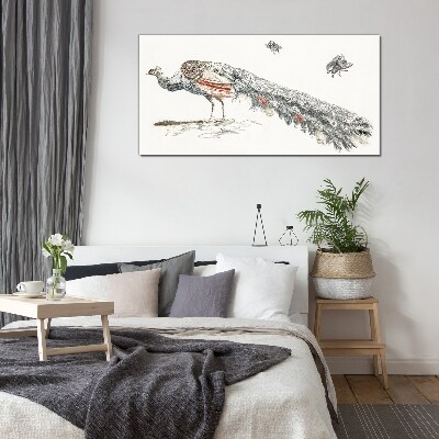 Glasbild Pfau mit Fliegen