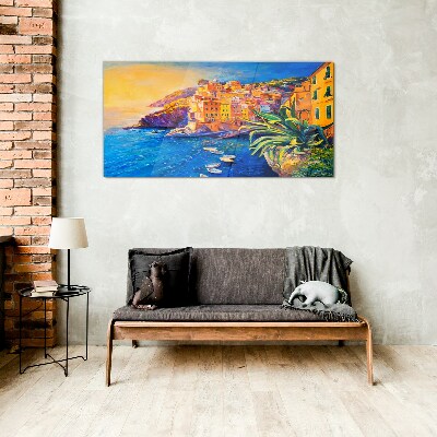 Glasbild Eine farbenfrohe Stadt am Meer