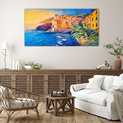 Glasbild Eine farbenfrohe Stadt am Meer