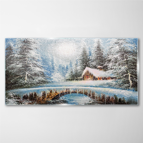 Glasbild Winterlandschaft mit einer Hütte im Wald