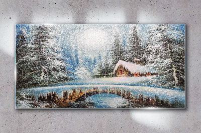 Glasbild Winterlandschaft mit einer Hütte im Wald