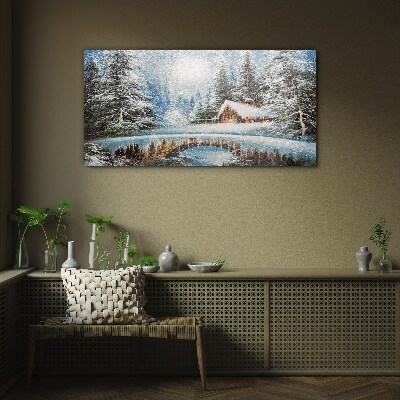 Glasbild Winterlandschaft mit einer Hütte im Wald