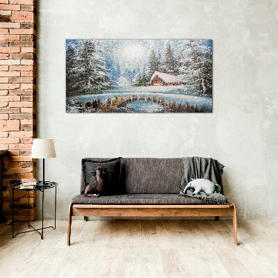 Glasbild Winterlandschaft mit einer Hütte im Wald