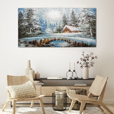 Glasbild Winterlandschaft mit einer Hütte im Wald